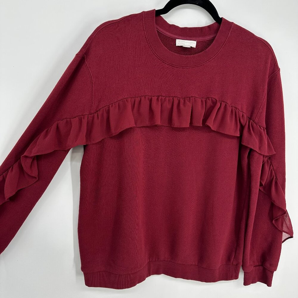 3/$25 14th‎ & Union Ruffle Sweatshirt Top L 100% Cotton Long Sleeve Pullover Red - Picture 5 of 8